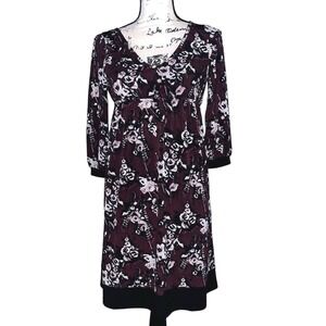 Ann Taylor LOFT Petites Plum Floral Empire Waist V-Neck 3/4 Sleeve Dress XSP